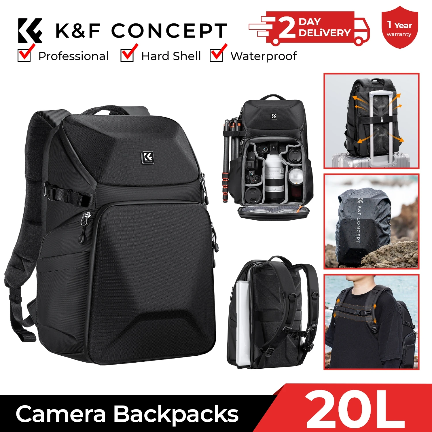 Laptop Accessories Box - K&F CONCEPT 20L カメラバックパック 防水フロントハードシェル /