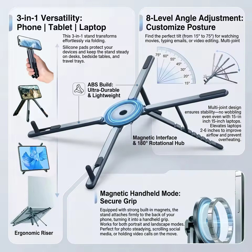 Laptop Stand Portable - 携帯電話用マグネット式ホルダー＆自撮り棒 3-in-1 折りたたみ式三脚スタンド iPhone、iPad、タブレット、ノートパソコン、デスクトップ用
