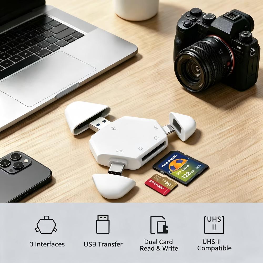 Laptop Accessories Distributor - 3in1メモリカードリーダー、三角形磁気キャップ付き、USB-C、USB、Lightningポート対応、TF/SDカード対応、PC、ラップトップ、MacBook、スマートフォン用