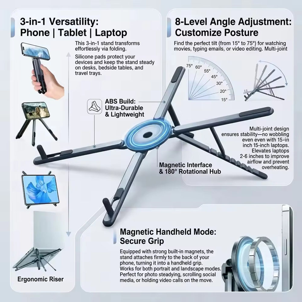 携帯電話用マグネット式ホルダー＆自撮り棒 3-in-1 折り - Laptop Stand Portable のレビューと価格