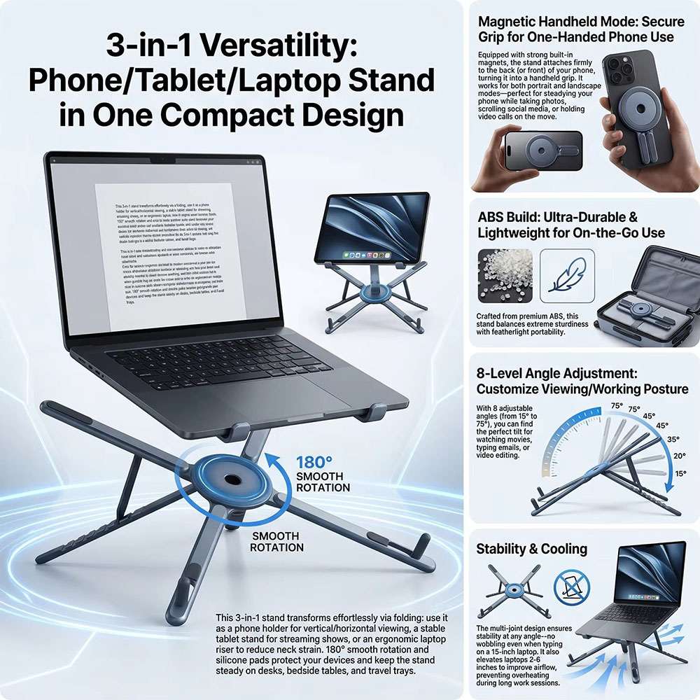 携帯電話用マグネット式ホルダー＆自撮り棒 3-in-1 折り - Laptop Stand Portable のレビューと価格